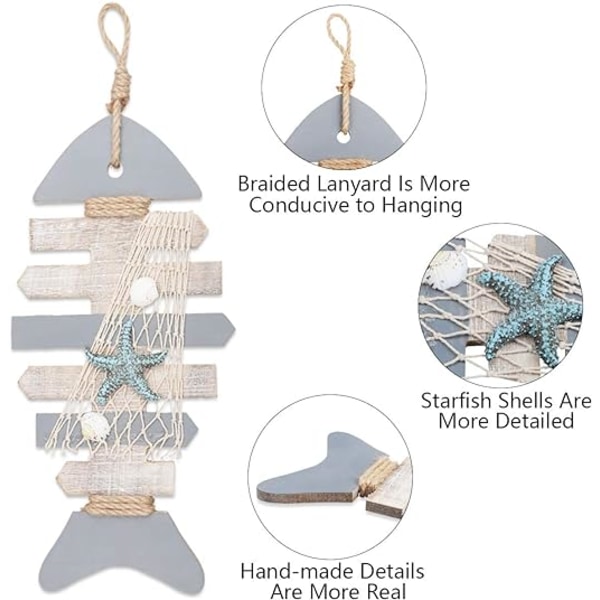 40CM Træfisk Skelet med Søstjerne og Muslinger til Nautisk Dekoration  Vægdekoration Dørhængende Ornament Strandtema Hjemmeindretning.