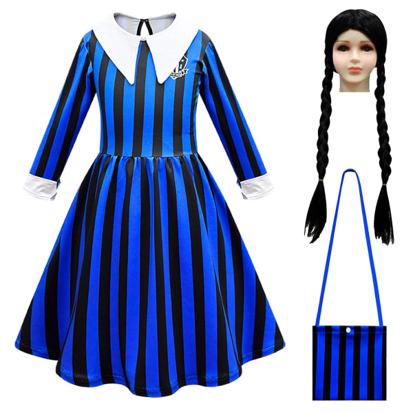 Girls Wednesday Addams School Uniform Cosplay Dress Set Halloween Costume（140cm Med väska och peruk）