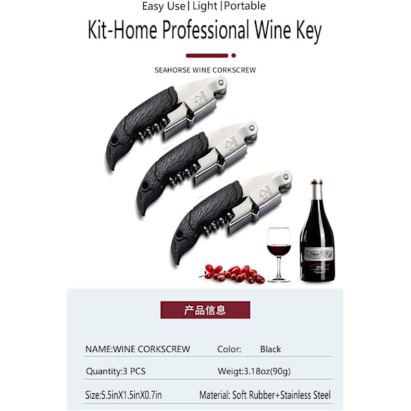 Professionelt Corkscrew til Bartendere Sæt med 3, med Rustfrit Stål