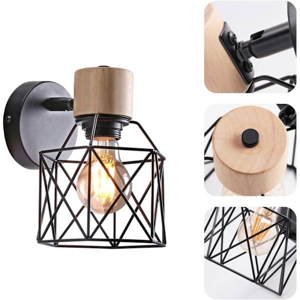 Sæt med 2 industrielle væglamper Design Metal Cage væglampe Træ