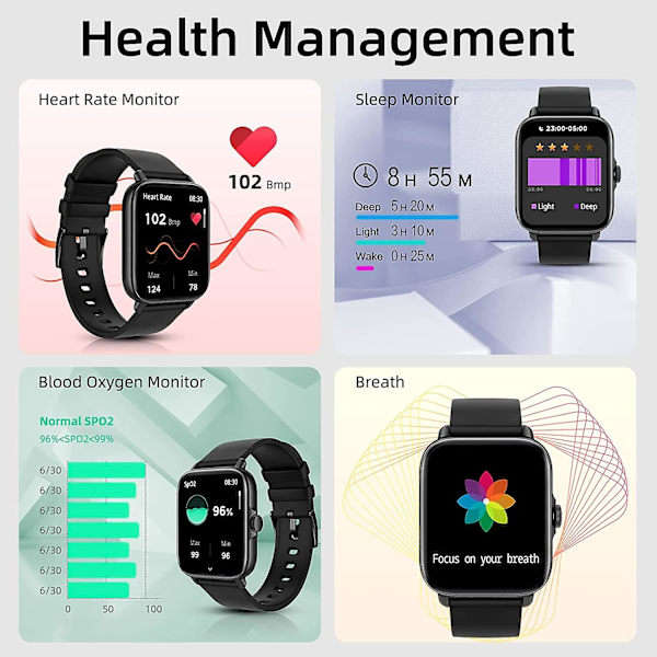 Y22 Fitness Tracker Hälsomonitor för Hjärtfrekvens, Sport 1,7 tums Pekskärm Bluetooth Smart Watch för Android Iphones
