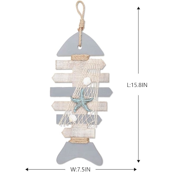 40CM Træfisk Skelet med Søstjerne og Muslinger til Nautisk Dekoration  Vægdekoration Dørhængende Ornament Strandtema Hjemmeindretning.