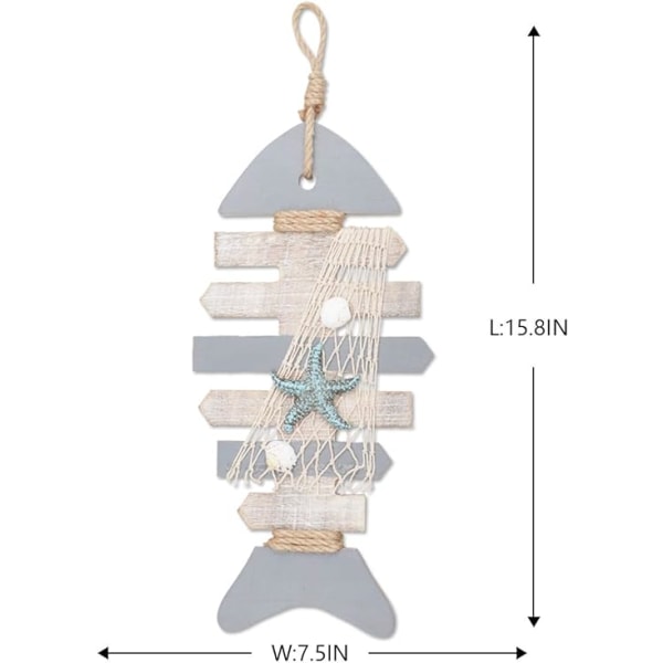 40CM Träfisk Skelett med Sjöstjärna och Snäckor för Nautisk Dekor  Väggdekor Dörrhängande Prydnad Strandtema Heminredning.