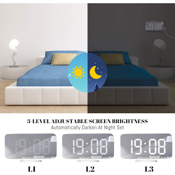Digital väckarklocka, stor LED-spegeldisplay med USB-laddare, S