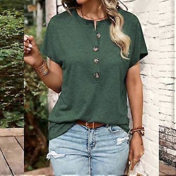 Dam O-ringad Henley Tröja, Casual Enfärgad Kortärmad T-shirt, Lös Passform Blusar Mode Sommartoppar T-shirts brun XL(brownXL) brown XL