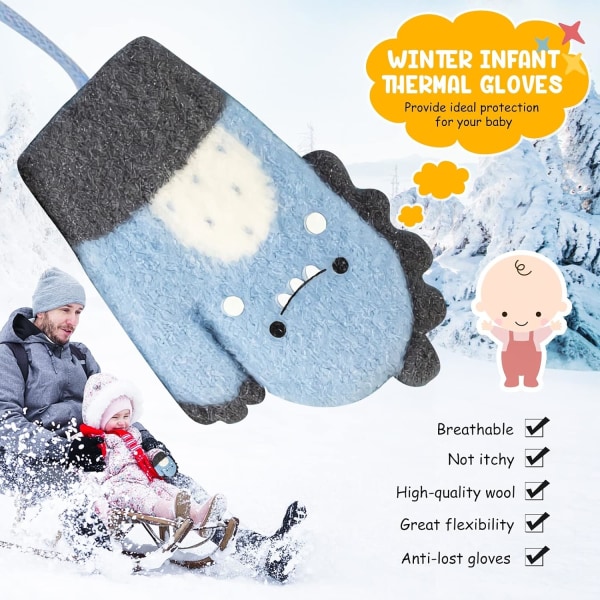 Barnehage Baby Votter, Termiske Baby Vinterhansker med Anti-shedding String for 0-3 År Gamle Barn Ski Snowboard Camping Sykling Søte Tegneseriehansker Julegave (Blå)