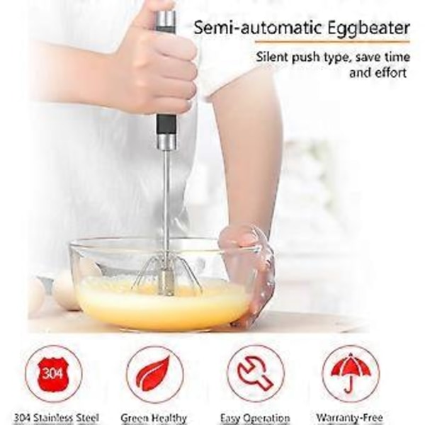 Push Whisk, Halvautomatisk Eggvisp, Roterbar Visp i Rustfritt Stål