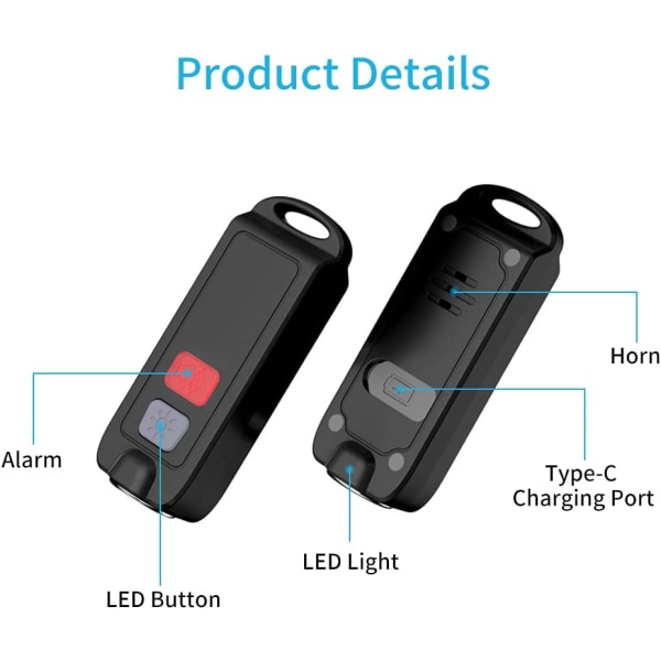 Personlig sikkerhetsalarm, Oppladbar selvforsvarsalarm med LED-lommelykt for kvinner, eldre, barn (svart, 1 pakke) Black