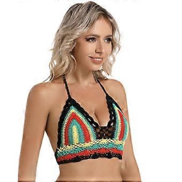 Polstret Hæklet Strandtop til Kvinder, Dyb V-Hals Hæklet Halterneck Croptop Justerbar Rygbinding Farverig gul M(Farverig gulM) Colorful yellow M