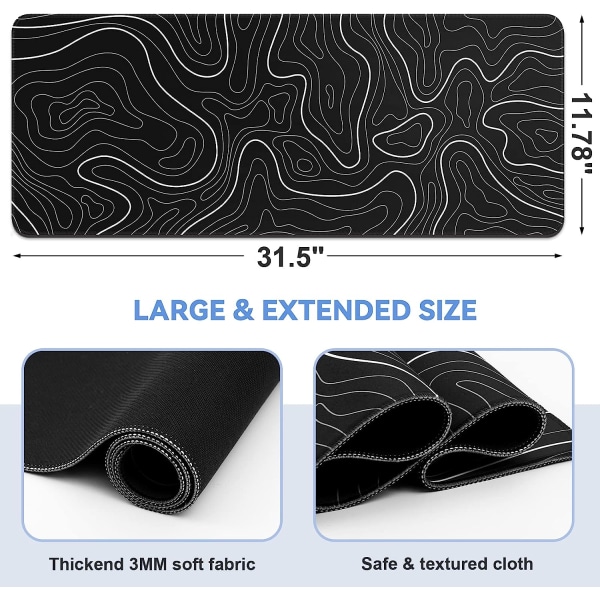 Stor spillmusematte og tastaturmatte 31,5 x 11,8 tommer topografisk musematte svart og hvit musematte for tastatur med sklisikker gummibase, utvidet skrivebordspute XL tastaturmatte musematte