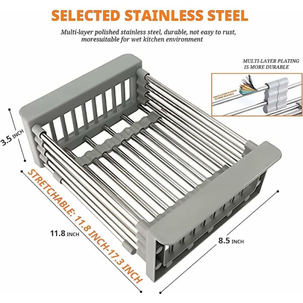 1 stk grå utvidbar oppvaskstativ, oppvaskstativ over vasken, oppvaskstativ