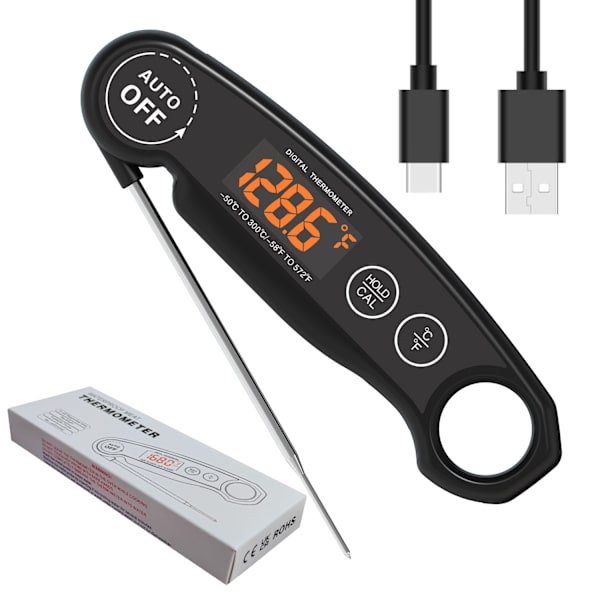 Nytt sammenleggbart, vanntett grilltermometer med LED-display, elektronisk kjøkkentermometer med USB-lading