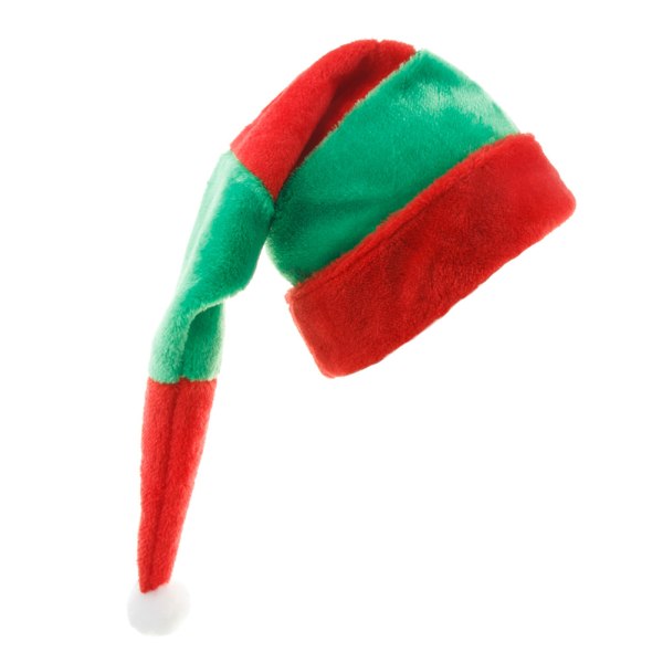 Forlænget rød og grøn stribet plys julehat