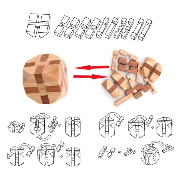 3D Trepussel i Tre - IQ-Utfordring, Hjernepuslespill, Lås, Logikk, Intellektuelt, Pedagogisk Leke, Puslespill, Demontering og Montering av Terning (Ni Pass)