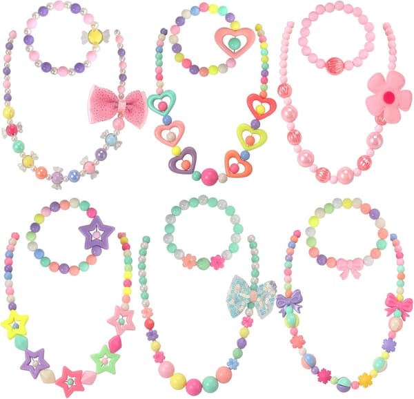 Perle Halskæde og Perle Armbånd til Børn, 6 Sæt, Små Piger
