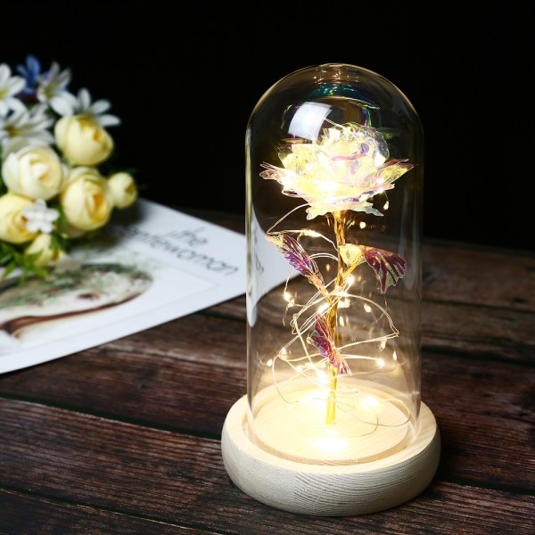 Rosegullfolie Blomster Glassdeksel med LED-lys Evig Blomst C