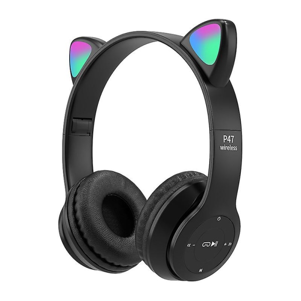 P47 Cute Cat Ears Earphones Wireless Bluetooth 5.0 Headphone Led Hifi Stereo Headset Black