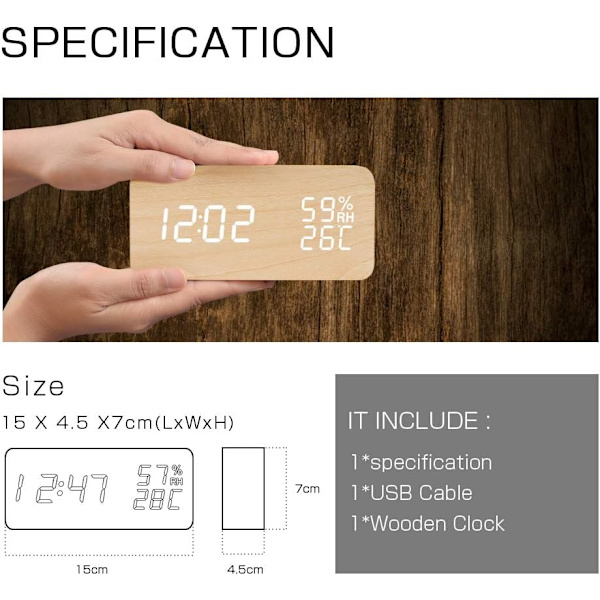 LED Digital Väggklocka Datum Luftfuktighet Temperatur Träutseende Dekorativ Klocka Alarm