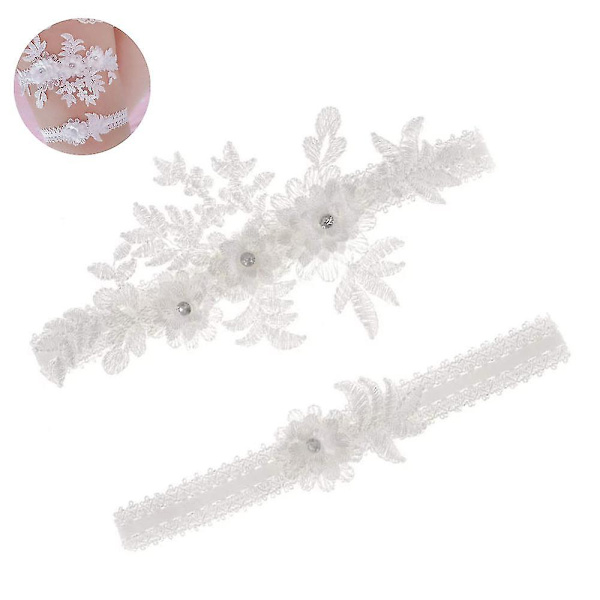 2 stk Bryllupsstrømpebåndsett Blonder Brud Strømpebånd Stretchy Blomster Strømpebånd For Brud Blå Og Hvit Hvit