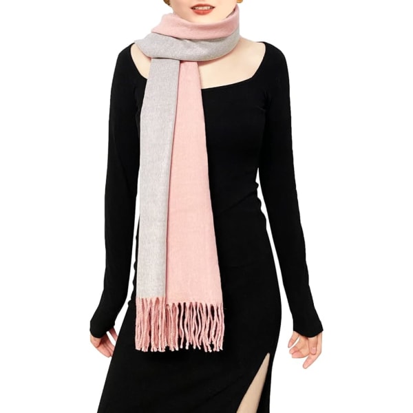 (ROSA+GRÅ)Cashmere-sjal for kvinner, vinter, reversibel, pashmina, lang