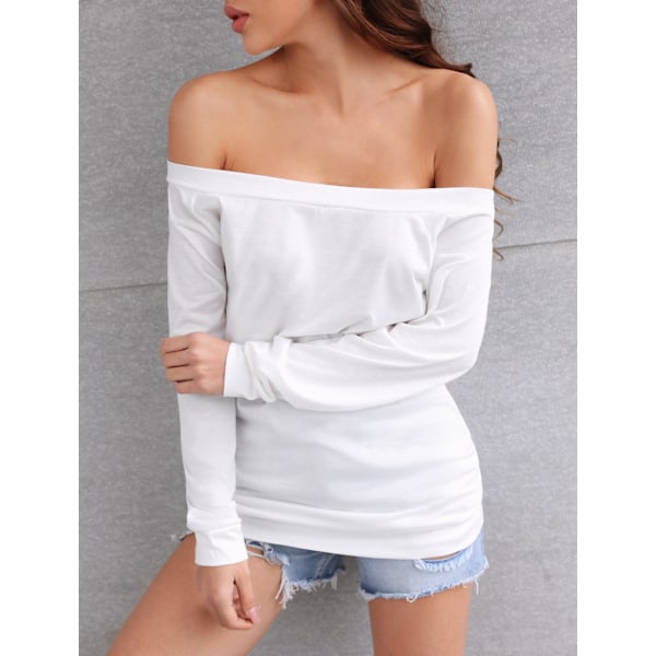 Dame Off Shoulder Top Langærmet Ensfarvet Pullover Elastisk Dame Løs Skjorte Top til Daglig Fest Arbejde (S Hvid) White S