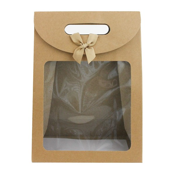 Kraftig presentpåse av papper, 26 cm X 19 cm X 9 cm, brun kraftpåse med genomskinligt fönster och rosett - förpackning med 12 (silver)
