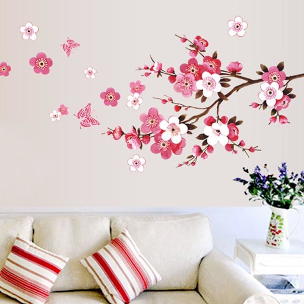 CHERRY BLOSSOM väggdekaler med fjärilar rosa röd (120x50 cm