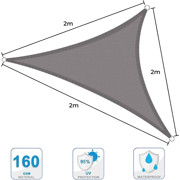 2x2x2 Waterproof Shade Sail, 2m Triangle Garden Sail, 98% UV Bloc