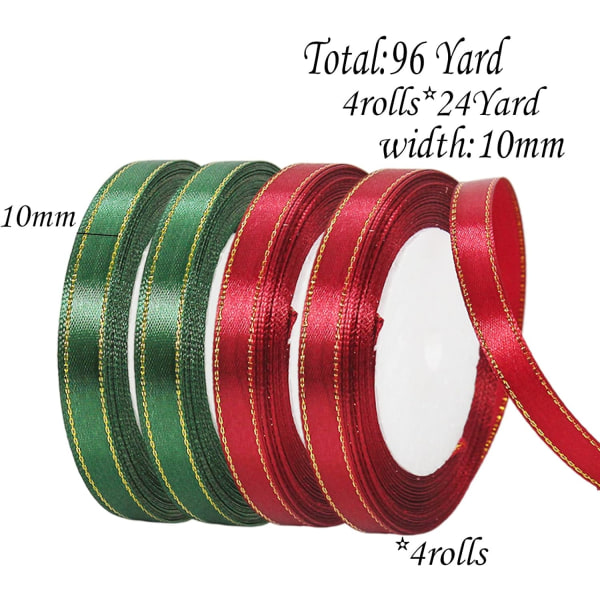 4 Rolls Burgundy Red, Dark Green Ribbon 10mm for Christmas Gift W