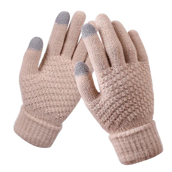 Dame Vinter Touch Screen Hansker Varme Fleece Foret Strikkede Hansker Elastisk Mansjett Vinter Teksting Hansker（Beige）