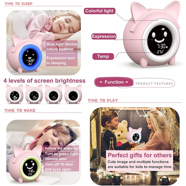 Klocka för barn med tecknad katt, snooze-funktion, inomhustemperaturdetektering och smart ljusjustering, rosa