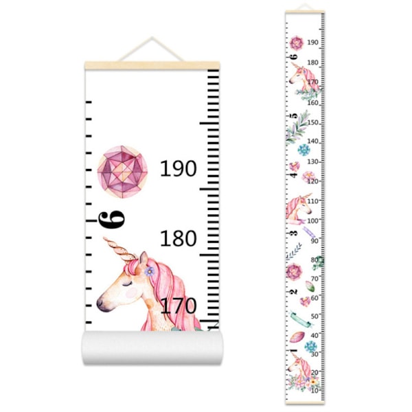 Babyväxtdiagram, höjddiagram för barn i förskolan, väggmonterad duk-linjal för höjdmätning, 200 cm x 20 cm (enhörning)