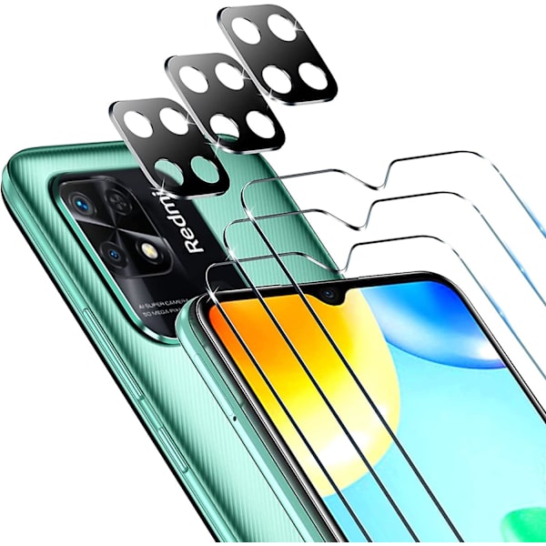 3 kpl Tempered Glass -näytönsuojaa Xiaomi Redmi 10c / Xiaomi Poco C40:lle, 3 kpl takakameran suojaa, 9H kovuus, anti
