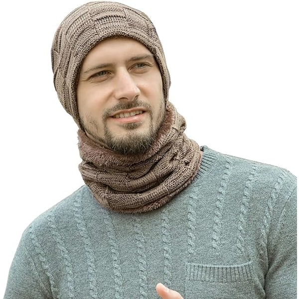 Khaki Laden Vinterlue Hettegenser Skjerf Sett Varme Strikkede Huer Hodeskallelue
