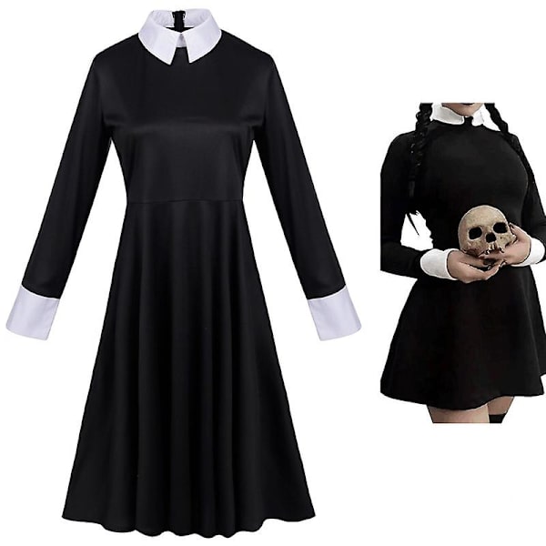 Addams Family Pigernes Wednesday Addams Cosplay Kostume Kjole (M)