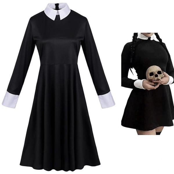 Addams Family Tyttöjen Naisten Keskiviikko Addams Cosplay-asu Mekko（XL）