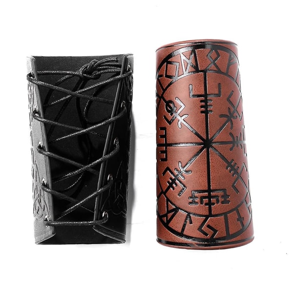 2 st läderhandskar handledsskydd punk armhållare läderarmskydd vambrace viking runkompass präglade armbindlar medeltida (brun)