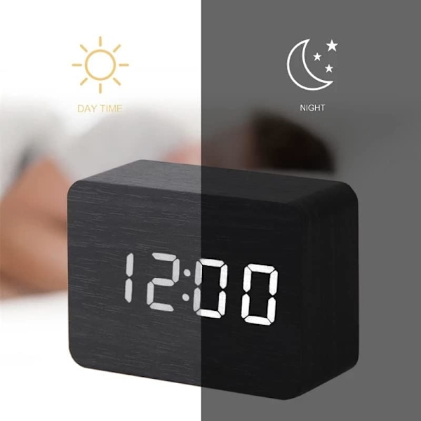 Træ Digitalt Vækkeur med Elektronisk LED Tidsvisning, 4-Niveauer Justerbar Lysstyrke og Stemmestyring, Tid, Temperatur og Datovisning til Soveværelse, Kontor, Børn og Familier, Sort