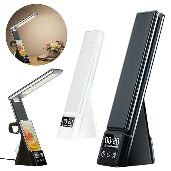 LED-skrivebordslampe 3 i 1 bordlampe 3 dæmpbare niveauer hurtig Qi trådløs oplader foldbar læselampe med ur（sort）