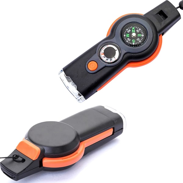 Emergency Survival Whistle med snöre, 7 i 1 Survival Multitool Hög säkerhetsvisselpipa med ledljus, kompass Etc.