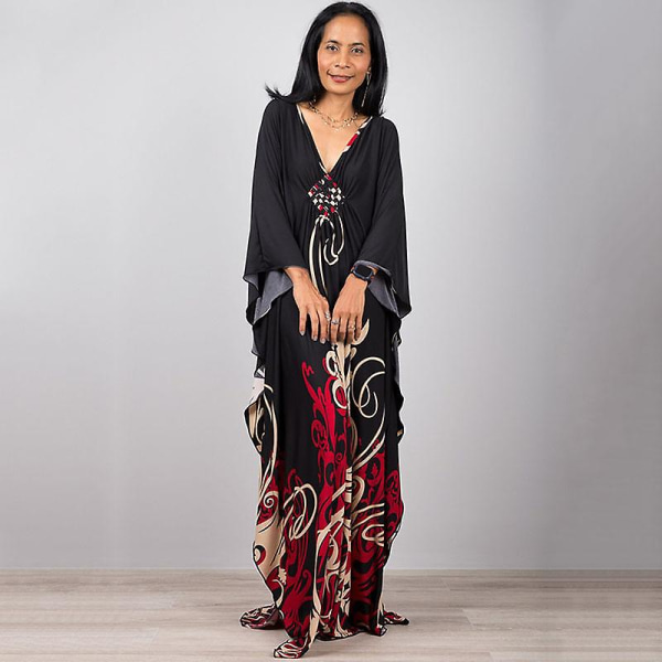 Dame Print Maxi Kjole Flagærme Strandkjole Plus Size Sommerkjole Strandtøj Kaftan Cover-ups Dn0510