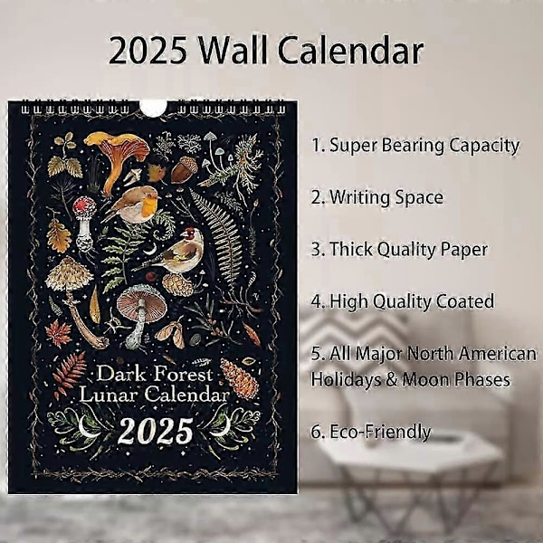 Väggkalender 2025, Mörk Skogsmånekalender 2025 med 12 Månader för Hemmet eller Kontoret
