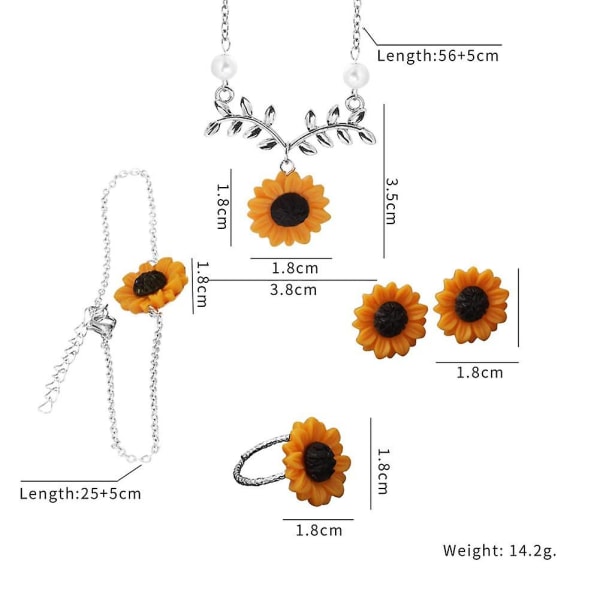 Solsikke Halskæde Solsikke Øreringe Ring Blomster Armbånd Sæt Smykker Justerbar Til Kvinder Piger (sølv)