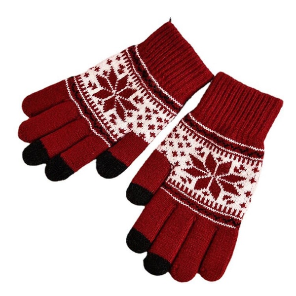 Vinter pekskärmshandskar Snow Flower Printing Håll värmen för kvinnor och män (röd)