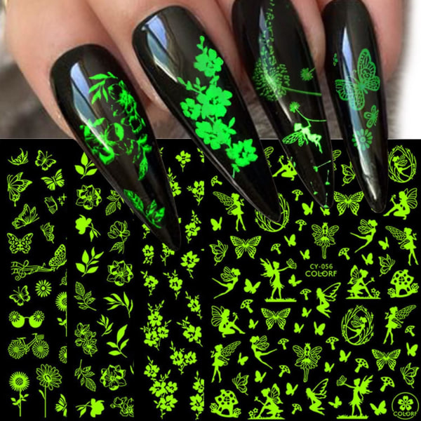 Luminous Flower Nail Stickers Nail Art 9 Sheets 3D Self-Adhesive