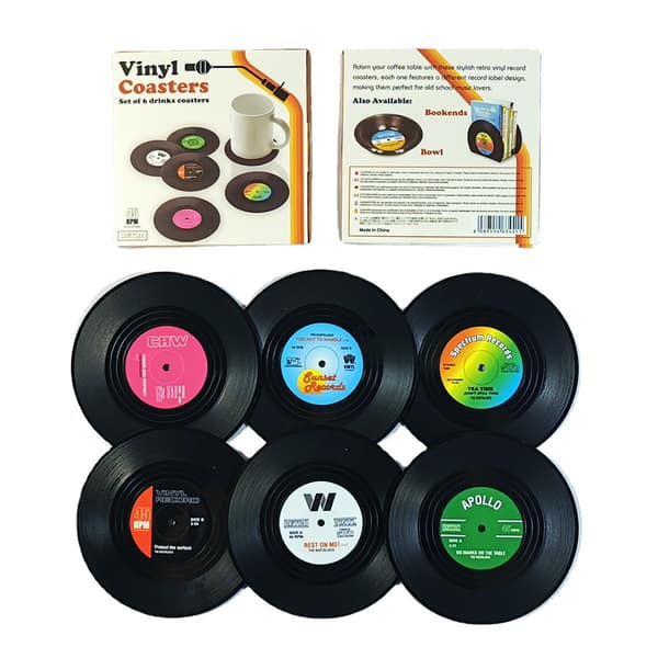12 retroalustaa CD:lle Musta, lasin alla, alustat, coa