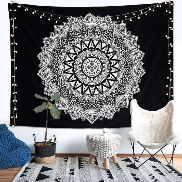 Svart & Hvit Veggteppe med Mandala Blomst