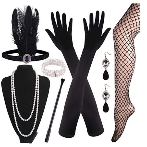 Kvällshandskar fjäderhår, huvudbonad, halsband, handskar, rökpinnar, 7 stycken