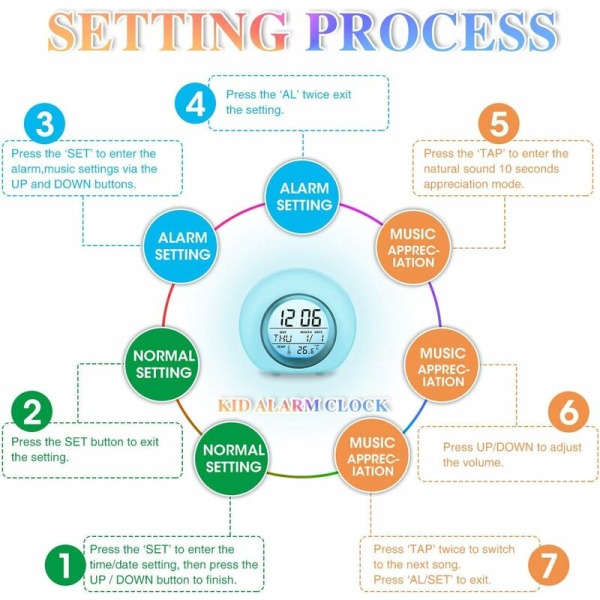1 stk. digital alarmklokke for barn, 7 farger, alarmklokke for barn