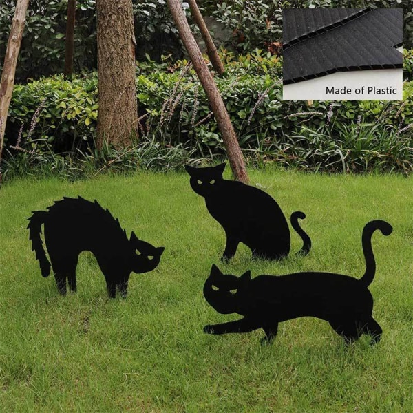 3-pakke 25 cm hagepynt Halloween-pynt svart katt silhuett